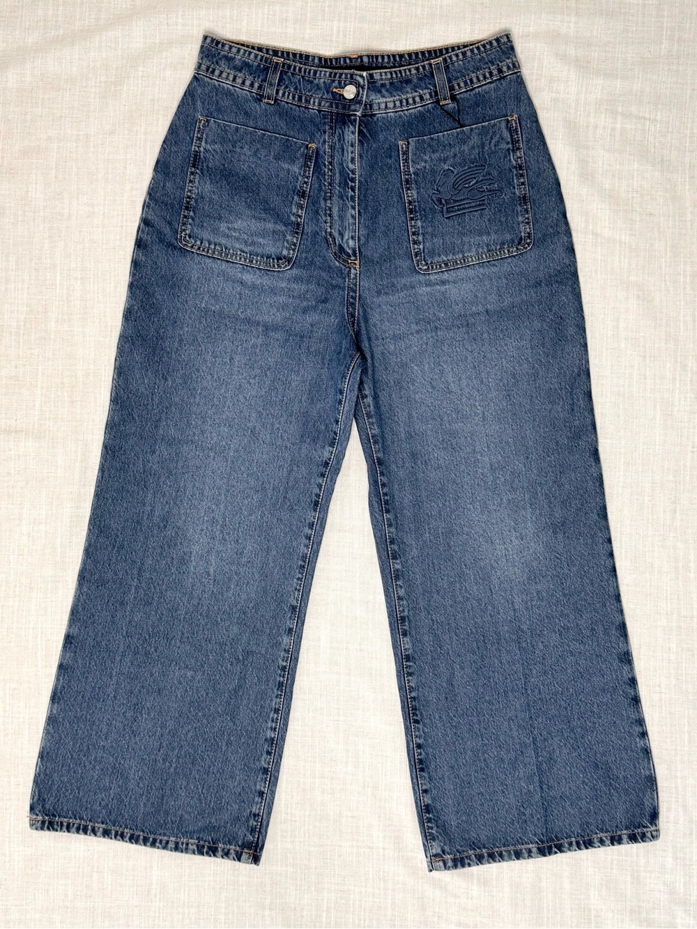 Etro Pegaso Wide Leg Jeans Italian Denim Embroidered Pocket Blue Size 30 NWT